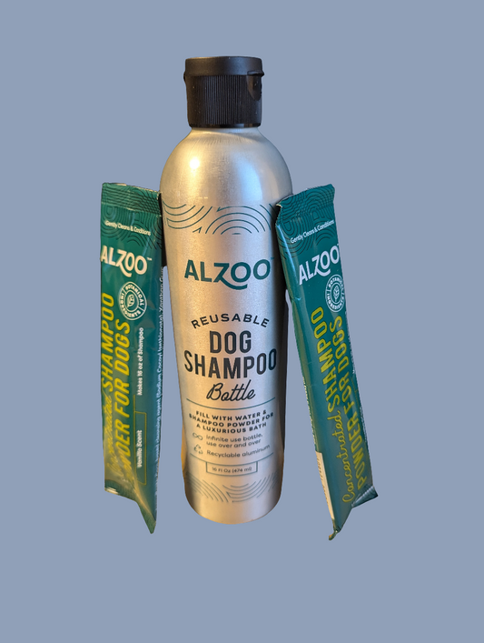 Alzoo Reusable Aluminum Dog Shampoo Bottle and 2 Packs of Dog  Shampoo Powder