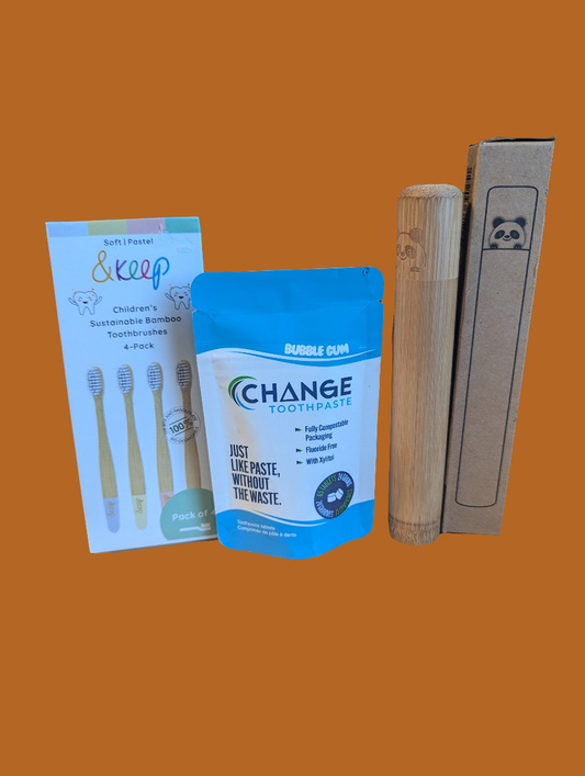 Kids Bamboo Toothbrushes, Travel Case and Bubblegum Toothpaste Tablets