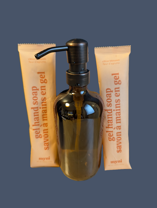 Glass Bottle With Bronze Pump Top And Two Packs of Hand Soap Powder